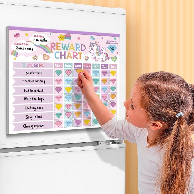 KEASKELL Reward Chart for Kids,Magnetic Behavior Chore Chart for Kids at Home,26 Little Hose Chore Charts,1960 Diamond Stickers,56 Reward Stickers,Incentive Chart to Develop Responsibility and Good Habits,Pink - Image 2