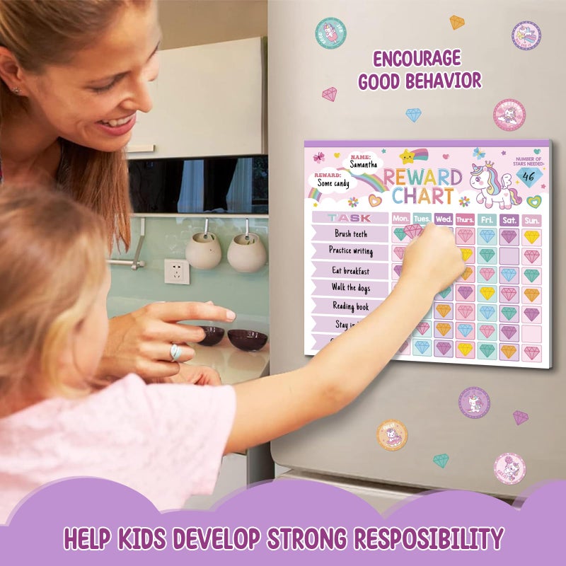 KEASKELL Reward Chart for Kids,Magnetic Behavior Chore Chart for Kids at Home,26 Little Hose Chore Charts,1960 Diamond Stickers,56 Reward Stickers,Incentive Chart to Develop Responsibility and Good Habits,Pink - Image 5