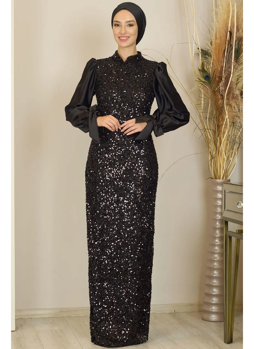 Esilanur Balloon Sleeve Sequined Azra Hijab Evening Dress Black