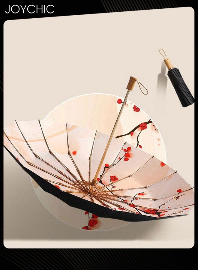 Joychic Women Retro Sun Proof Umbrella 16 Ribs Big Parasol For Travel Outdoor Black/Red  - Image 1