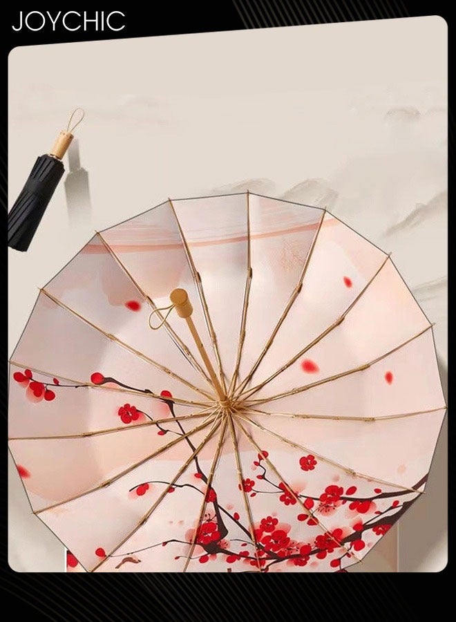 Joychic Women Retro Sun Proof Umbrella 16 Ribs Big Parasol For Travel Outdoor Black/Red  - Image 2