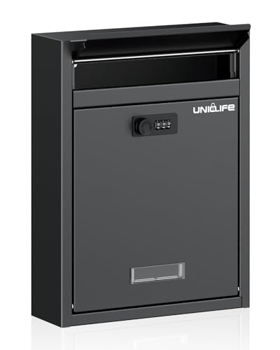 Uniclife Wall Mount Mailbox for Outside, Large Locking Mailbox with Combination Lock, Security Mail Box for House, Safe Key Drop Box, Post Box, Steel Cash Drop Box for Home Office School, Black - Image 1