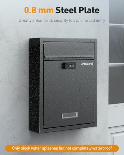 Uniclife Wall Mount Mailbox for Outside, Large Locking Mailbox with Combination Lock, Security Mail Box for House, Safe Key Drop Box, Post Box, Steel Cash Drop Box for Home Office School, Black - Image 4