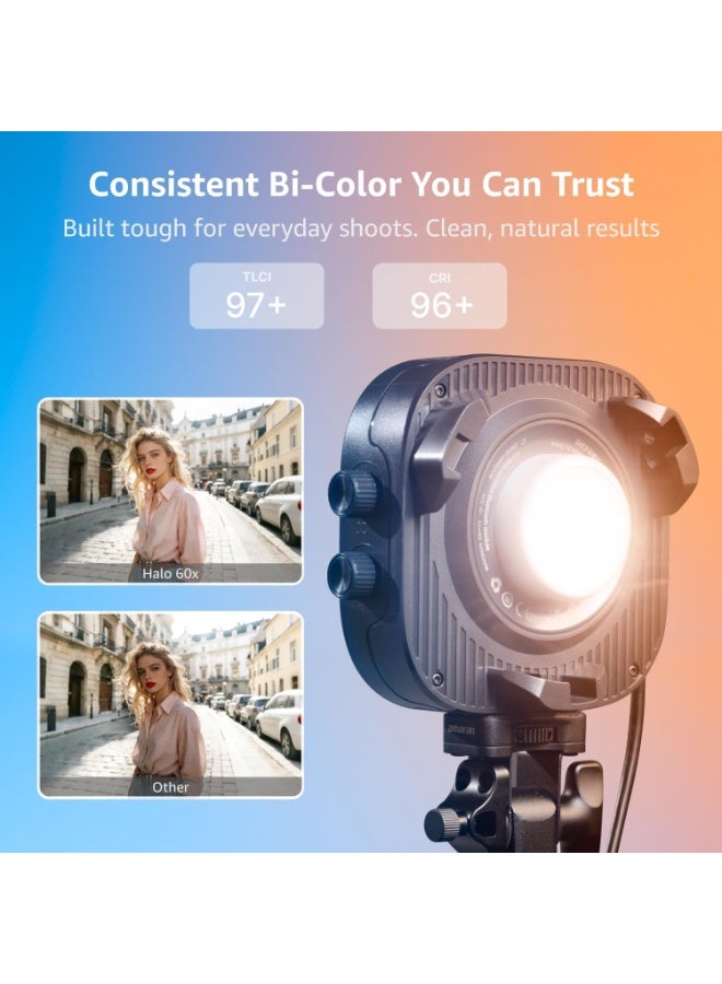 Aputure Amaran Halo 60X Bi-Color LED Monolight – 63W Ultra-Compact COB Light, 3270 Lux @ 1m, 2700-6500K CCT, CRI 96+ TLCI 97+, 85° Beam, NFC App Control, USB-C PD, DMX Compatible, Bowens Mount - Image 2