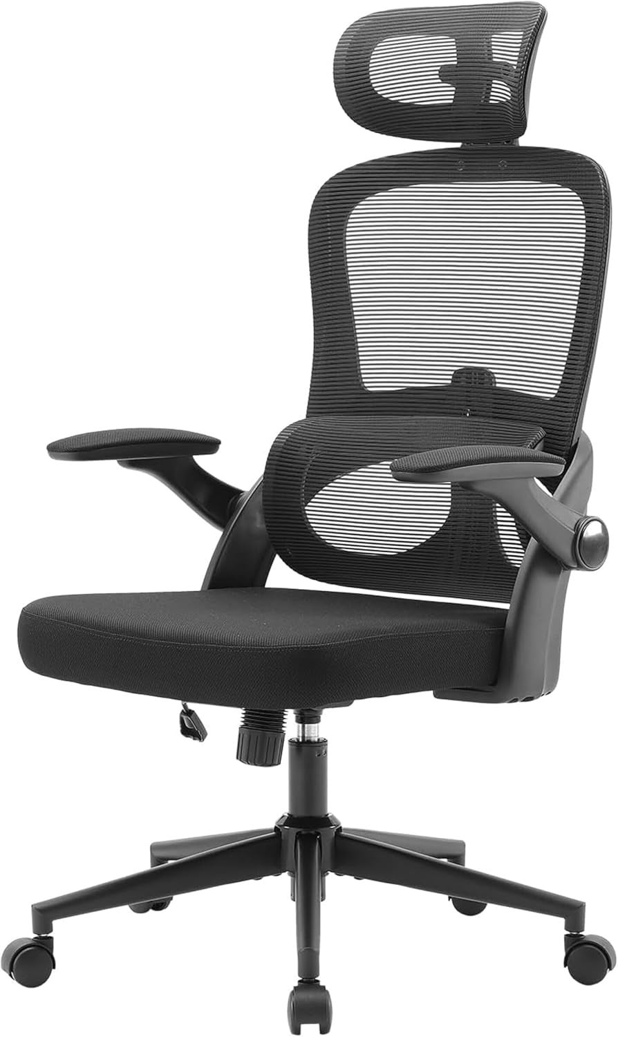 Harmony Home Ergonomic High-Back Office Chair with Adjustable Headrest – Dual Back Support, 3D Armrests & Ultra-Comfy Cushion, Mesh Executive Computer Chair for Work & Study (Black)