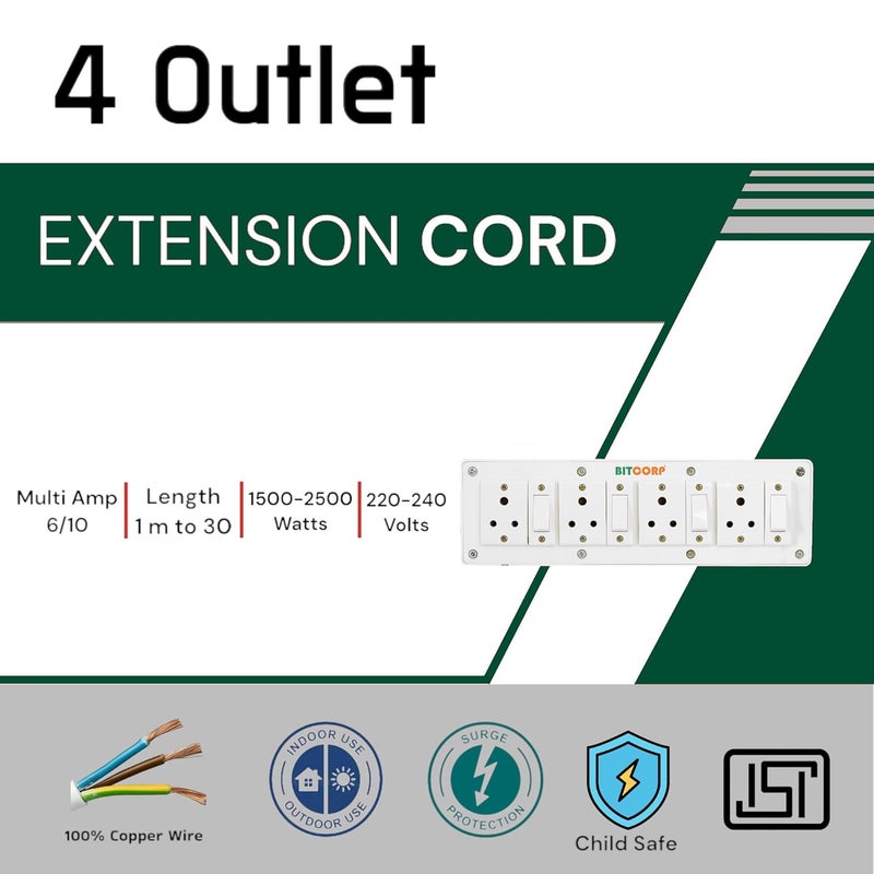 BITCORP Bitcorp Extension Box 6A 4 Socket 4 Switch 1500W Surge Protection High Load Capity with 8 Meter Long Wire Cord for Fridge Charging PcTvChargerLaptopComputer Small Appliances  - Image 2