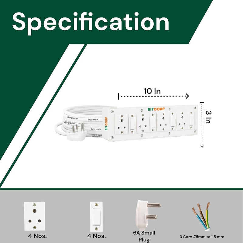 BITCORP Bitcorp Extension Box 6A 4 Socket 4 Switch 1500W Surge Protection High Load Capity with 8 Meter Long Wire Cord for Fridge Charging PcTvChargerLaptopComputer Small Appliances  - Image 3