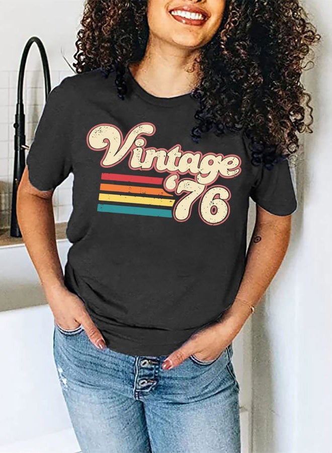YALUCOR Women 50th Birthday Shirt Vintage 1976 Tshirt Fifty Bday Gift Casual Birthday Apparel Flower Graphic Short Sleeves Tee, Dark Grey-1976a, XL - Image 5