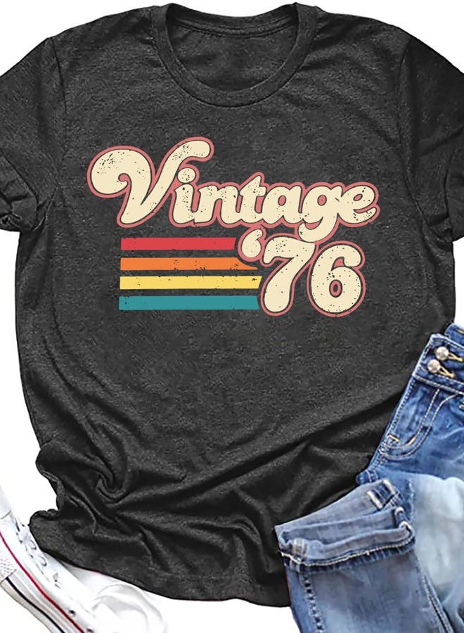 YALUCOR Women 50th Birthday Shirt Vintage 1976 Tshirt Fifty Bday Gift Casual Birthday Apparel Flower Graphic Short Sleeves Tee, Dark Grey-1976a, XL - Image 1