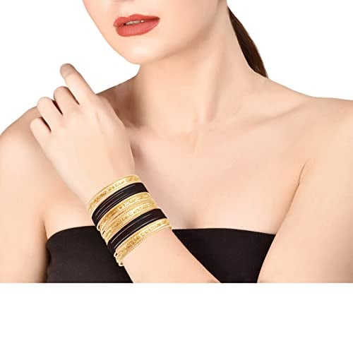 Touchstone Indian Bollywood Colorful 2 Dozen Bangle Collection Golden Glitters Textured Black Color Designer Jewelry Special Bangle Bracelets Set Of 24 In Gold Tone For Women. - Image 2