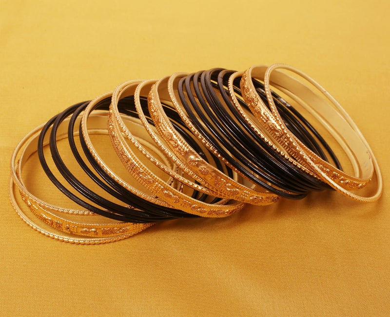 Touchstone Indian Bollywood Colorful 2 Dozen Bangle Collection Golden Glitters Textured Black Color Designer Jewelry Special Bangle Bracelets Set Of 24 In Gold Tone For Women. - Image 3