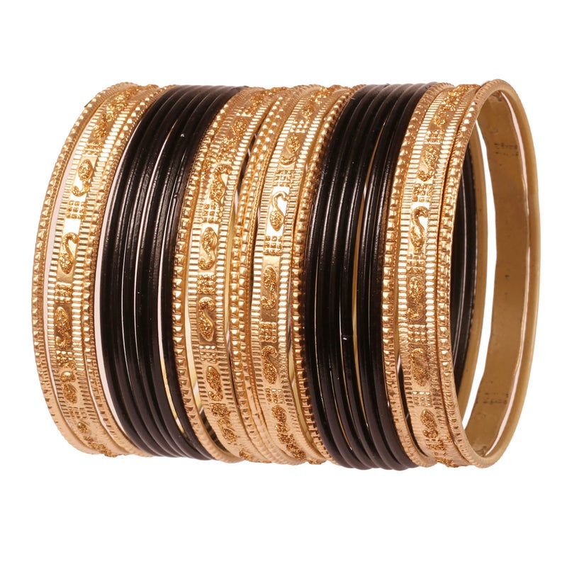 Touchstone Indian Bollywood Colorful 2 Dozen Bangle Collection Golden Glitters Textured Black Color Designer Jewelry Special Bangle Bracelets Set Of 24 In Gold Tone For Women. - Image 1