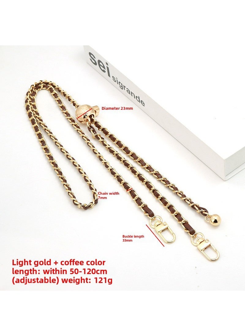 Generic 1 x 5 pcs Adjustable Gold Ball Chain Strap for Bags Brown leather light gold chain + grid gold ball +3 points door buckle 
