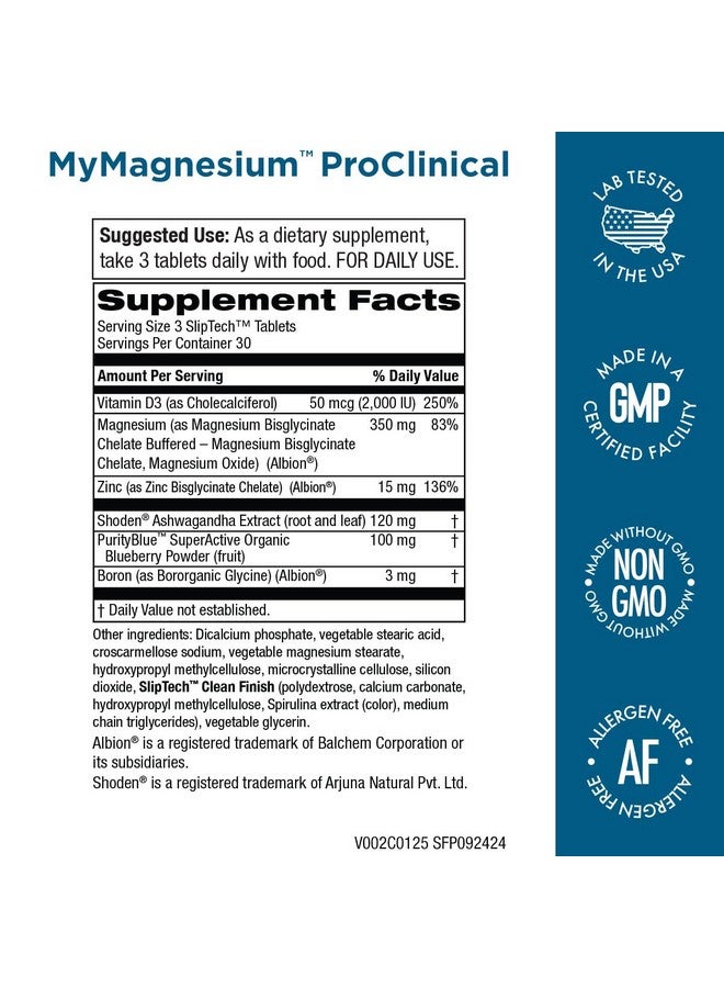 Purity Products MyMagnesium ProClinical - Magnesium Bisglycinate Chelate Buffered + Zinc + Ashwagandha + More - Allergen Free - Made Without GMO - Purity Products - 90 Clean Finish SlipTech Tablets - Image 2