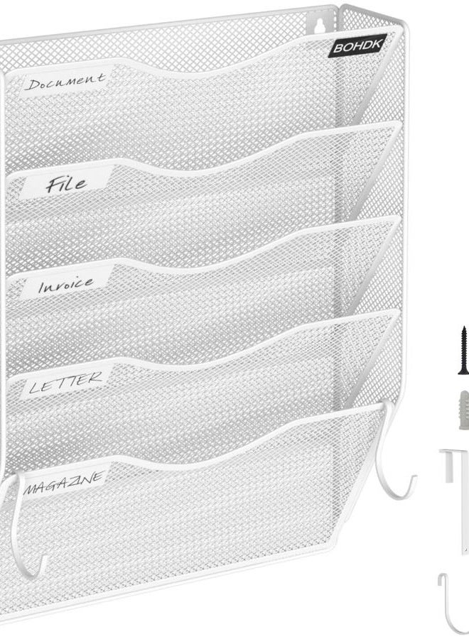 BOHDK Wall File Organizer, 5 Tire Hanging File Folder Organizer, Vertical Mesh Metal Door/Wall Mount Hanging File Holder, Paper Document Magazine Rack with Hooks for Home Office White - Image 1