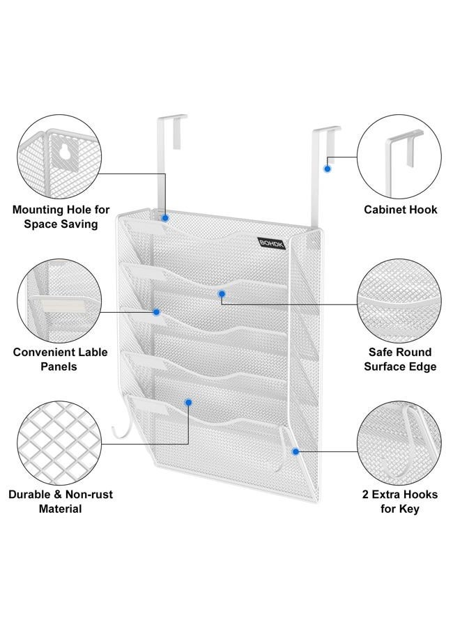 BOHDK Wall File Organizer, 5 Tire Hanging File Folder Organizer, Vertical Mesh Metal Door/Wall Mount Hanging File Holder, Paper Document Magazine Rack with Hooks for Home Office White - Image 5