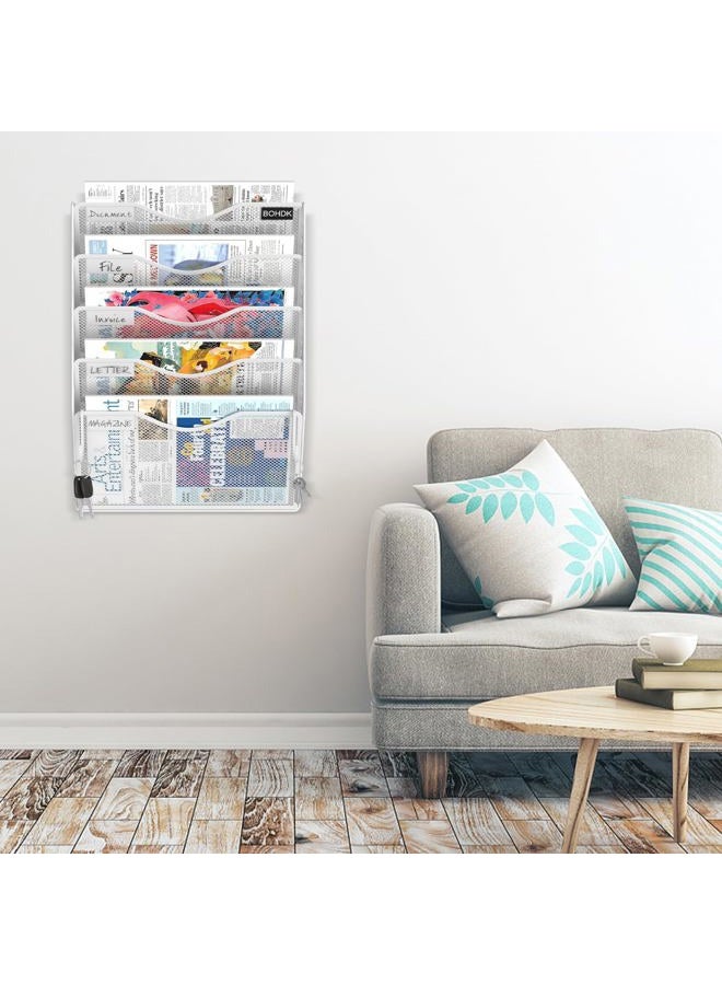 BOHDK Wall File Organizer, 5 Tire Hanging File Folder Organizer, Vertical Mesh Metal Door/Wall Mount Hanging File Holder, Paper Document Magazine Rack with Hooks for Home Office White - Image 2