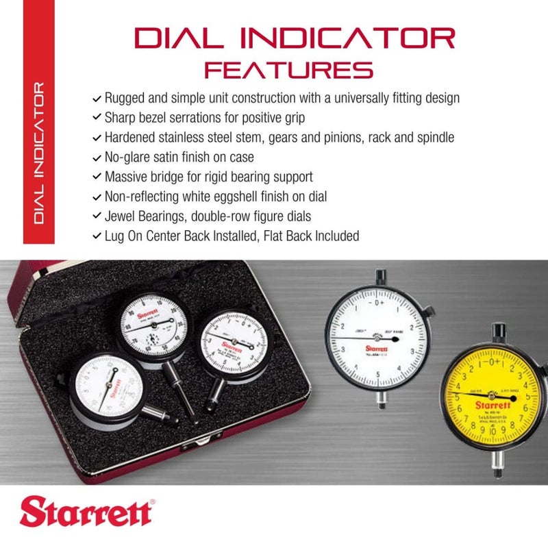 Starrett مؤشر دial من سلسلة Starrett 81 مع محامل ماسية وظهر مركزي مزود بلسان وجه أبيض 0250 نطاق 0500 دial متوازن 001 تدرجات 81141J - Image 2