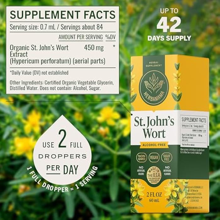 HERBAMAMA St. John's Wort Tincture - Vegan Mood Support & Women's Calmness with St. John's Wort Extract Drops - Non-GMO, Alcohol & Sugar-Free Liquid Supplement, 42-Day Supply - Image 3