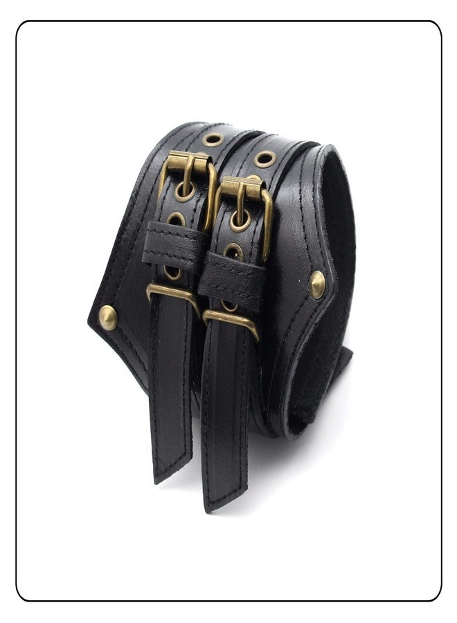 Fusamk Punk Rock Belt Buckle Wristband Wide Leather Arm Cuff Bracelet(Black) - Image 4