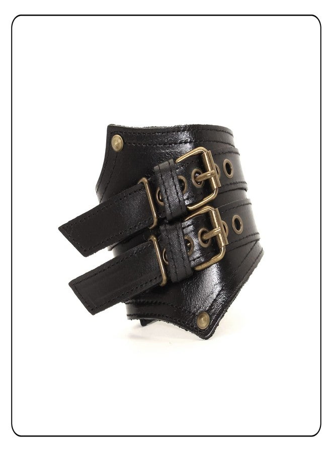 Fusamk Punk Rock Belt Buckle Wristband Wide Leather Arm Cuff Bracelet(Black) - Image 2