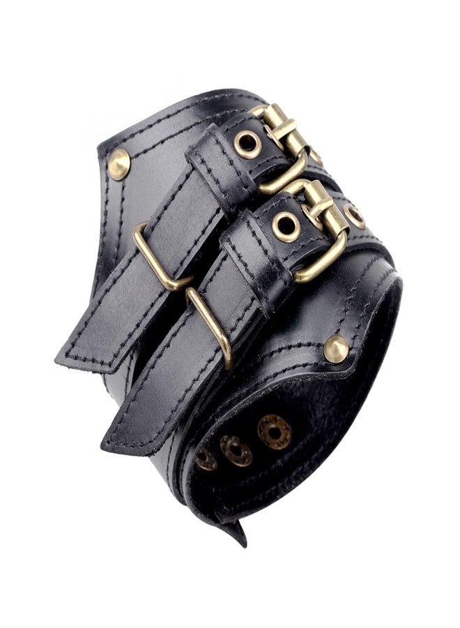 Fusamk Punk Rock Belt Buckle Wristband Wide Leather Arm Cuff Bracelet(Black) - Image 1