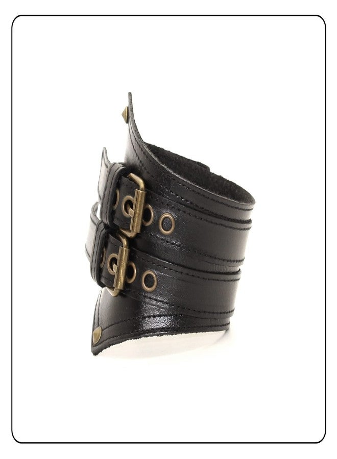 Fusamk Punk Rock Belt Buckle Wristband Wide Leather Arm Cuff Bracelet(Black) - Image 5
