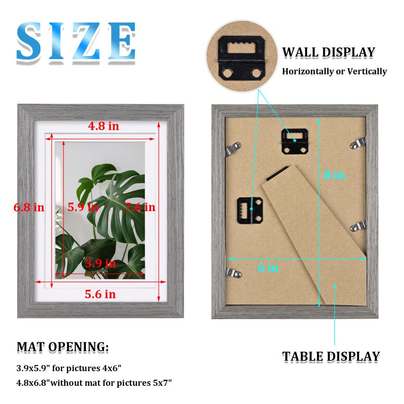 Egofine 6x8 Picture Frame Made of Solid Wood with Plexiglass  Display Pictures 4x6/5x7 with Mat or 6x8 Without Mat Set of 4 for Tabletop and Wall Mounting  Light Grey - Image 3