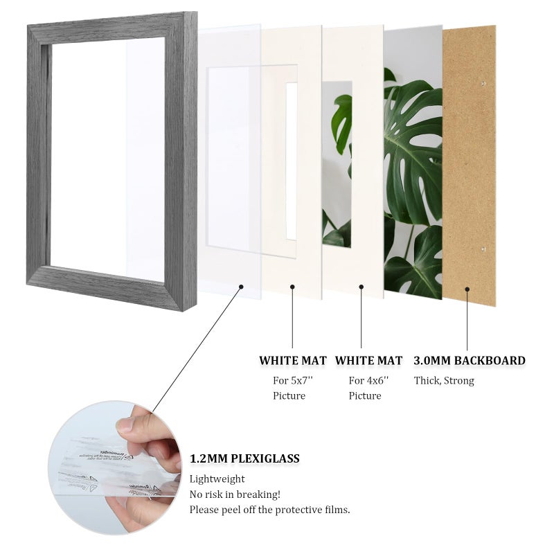 Egofine 6x8 Picture Frame Made of Solid Wood with Plexiglass  Display Pictures 4x6/5x7 with Mat or 6x8 Without Mat Set of 4 for Tabletop and Wall Mounting  Light Grey - Image 4