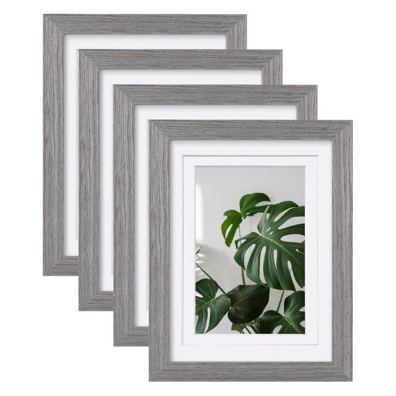 Egofine 6x8 Picture Frame Made of Solid Wood with Plexiglass  Display Pictures 4x6/5x7 with Mat or 6x8 Without Mat Set of 4 for Tabletop and Wall Mounting  Light Grey - Image 1