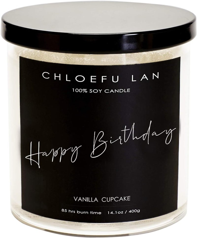 Chloefu LAN Happy Birthday Vanilla Cupcake Sugar Sweet Scented Soy Wax Candle for Home | 14.1 oz Clear Glass Jar, 100 Hour Burn Time Highly Scented & Long Lasting Burning All-Natural Organic Candle - Image 1