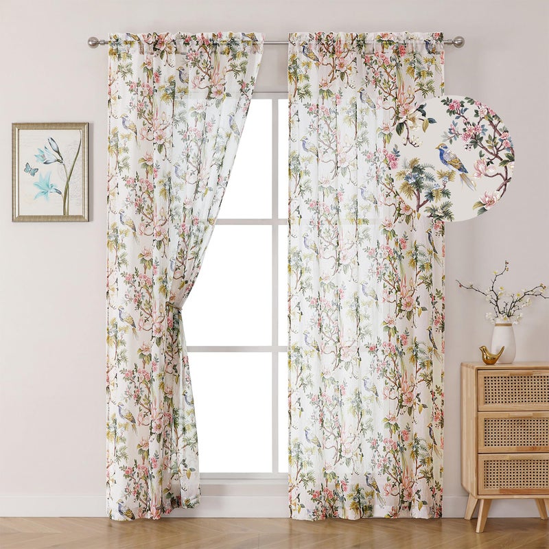OWENIE Crushed Sheer Curtains 84 Inch Length 2 Panels Set, Sheer Floral Curtains Printed Drapes on Sheers for Living Room, Rod Pocket Light Filtering Window Sheers (2 Panels, 42" x 84") - Image 2