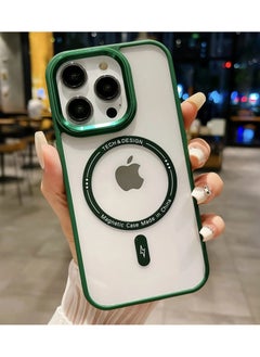 Plating Metal Lens Frame Clear Phone Case Magsafe Wireless Charging Ultra Thin Transparent Acrylic Hard Anti fall Shockproof Back Cover For iphone 15 Pro (Green)