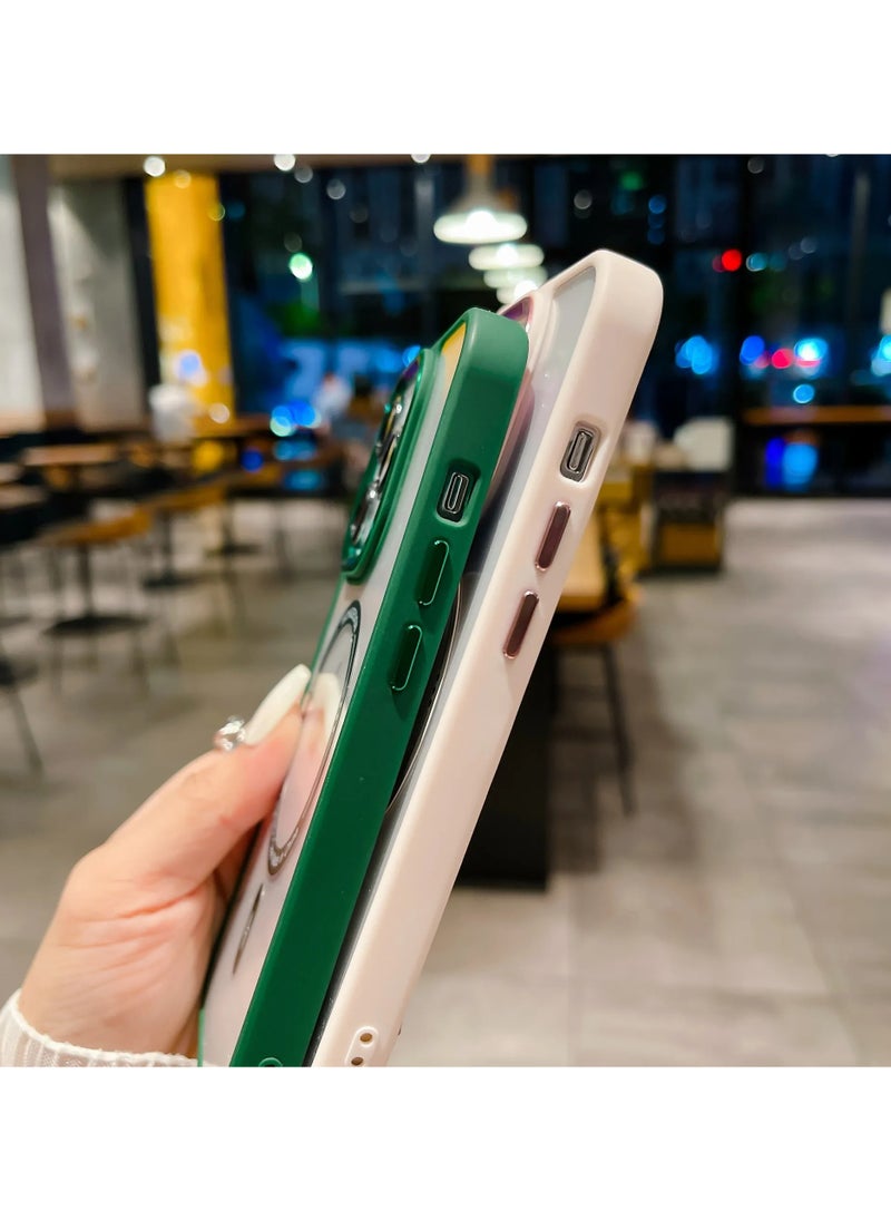 Generic - Plating Metal Lens Frame Clear Phone Case Magsafe Wireless Charging Ultra Thin Transparent Acrylic Hard Anti fall Shockproof Back Cover For iphone 15 Pro (Green) - Image 1