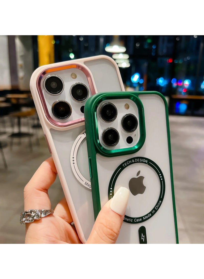 Generic - Plating Metal Lens Frame Clear Phone Case Magsafe Wireless Charging Ultra Thin Transparent Acrylic Hard Anti fall Shockproof Back Cover For iphone 15 Pro (Green) - Image 1