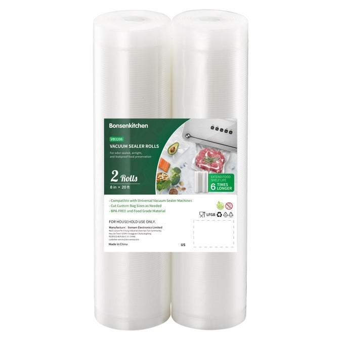 VACUUM FOOD SEALER ROLLS BAGS 2 PACKS 8 IN X 20 FT BPA FREE DURABLE COMMERCIAL CUSTOMIZED SIZE BAGS FOR STORAGE AND SOUS VIDE COOKINGVB3206