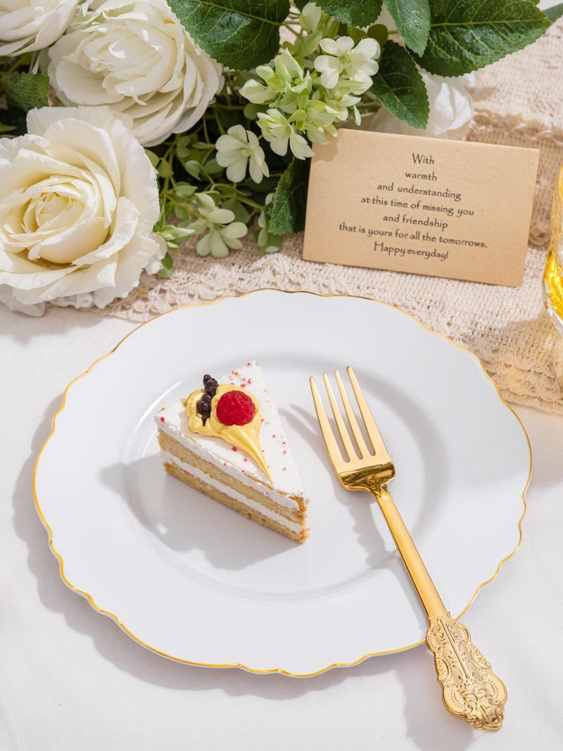 WDF 60pcs Gold Dessert Plates-7.5inch Baroque White and Gold Small Plastic Plates/Disposable Dessert/Salad/Appetizer Plastic Plate for Upscale Bridal Shower/Wedding/Birthday - Image 2