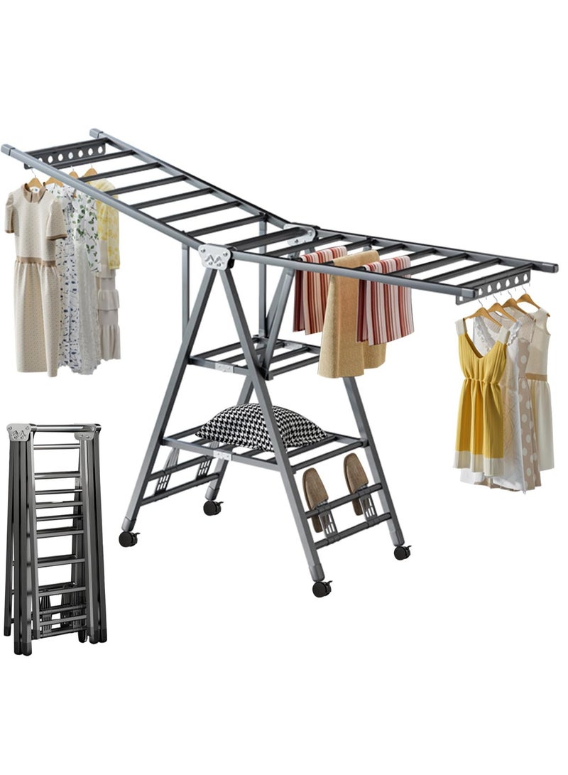 0TO1 TECH Movable Drying Rack, 3 Tier Large Laundry Clothes Drying, Clothes Drying Rack Foldable with 4 Castors & Shoe Holder, Height-Adjustable Wings, for Indoor Outdoor - 170cm - Image 1