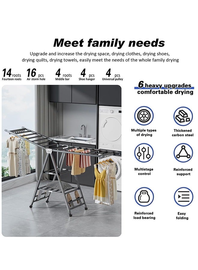 0TO1 TECH Movable Drying Rack, 3 Tier Large Laundry Clothes Drying, Clothes Drying Rack Foldable with 4 Castors & Shoe Holder, Height-Adjustable Wings, for Indoor Outdoor - 170cm - Image 3