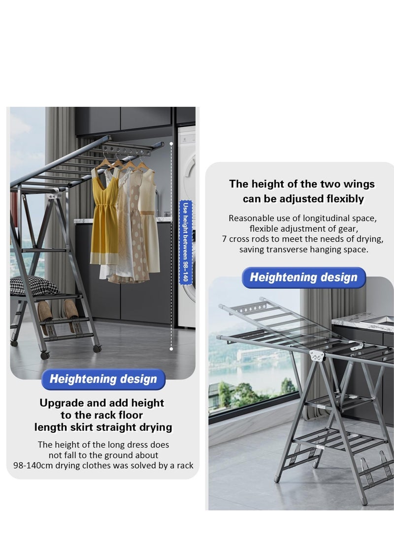 0TO1 TECH Movable Drying Rack, 3 Tier Large Laundry Clothes Drying, Clothes Drying Rack Foldable with 4 Castors & Shoe Holder, Height-Adjustable Wings, for Indoor Outdoor - 170cm - Image 4