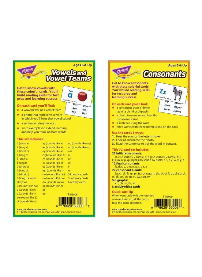 Trend Enterprises - : Vowels And Vowel Teams Plus Consonants Blends & Digraphs Skill Drill Flash Cards Combo Pack Sound It Out Hints Photo & Sentence Cues Great For Skill Building And Test Prep Ages 6+ - Image 1