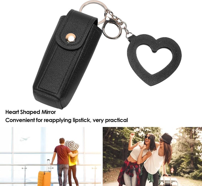 Pssopp Lipstick Case with Mirror, Portable Purse PU Leather Keychain Lipstick Holder for Women Travel Organization and Carrying (Black) - Image 4