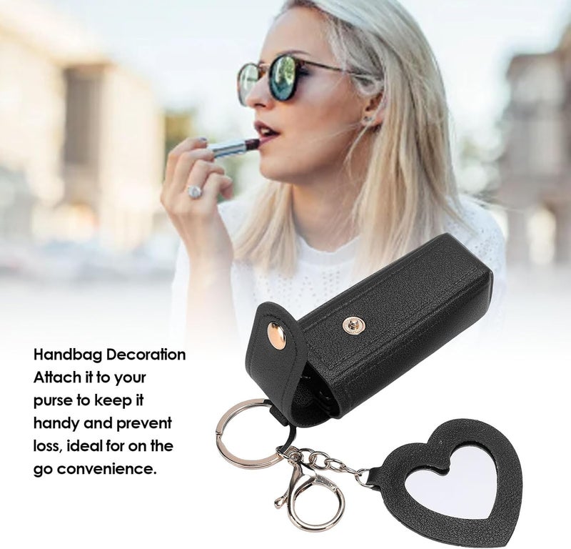 Pssopp Lipstick Case with Mirror, Portable Purse PU Leather Keychain Lipstick Holder for Women Travel Organization and Carrying (Black) - Image 3