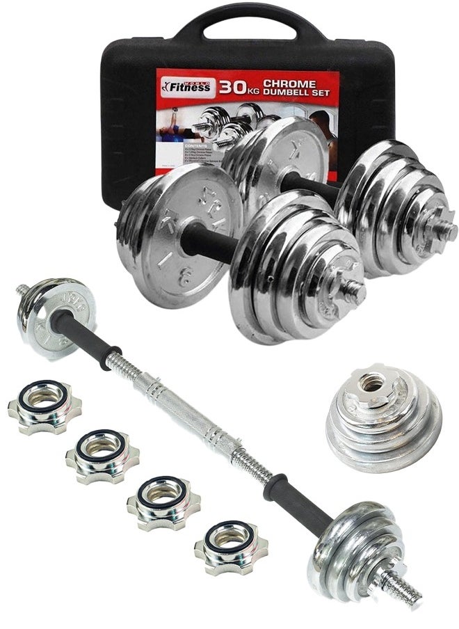 Fitness World 2 in 1 Barbell Dumbbell Set with Adjustable Weights 30kg silver  - Image 1
