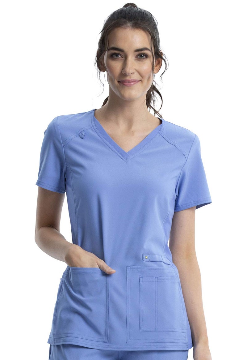 Cherokee Women's Iflex V-Neck Knit Panel Top, Ciel, XL - Image 3