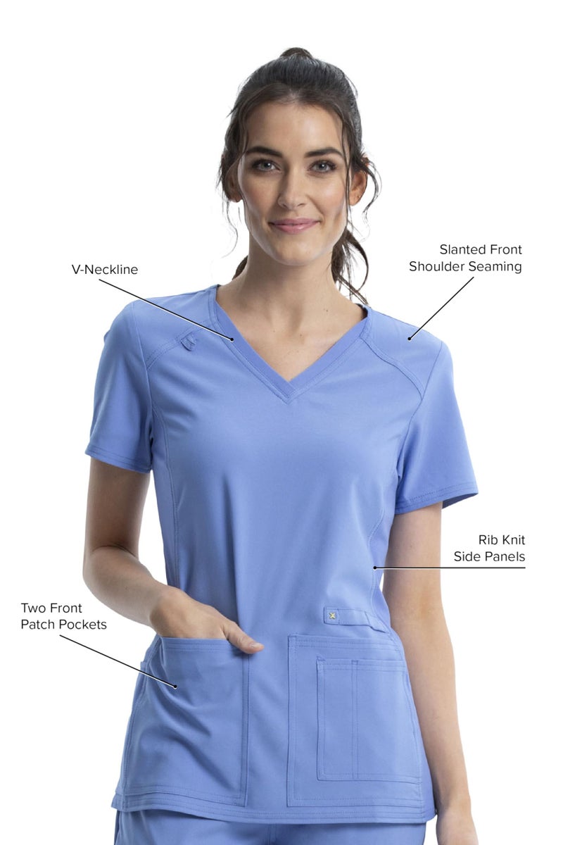 Cherokee Women's Iflex V-Neck Knit Panel Top, Ciel, XL - Image 2