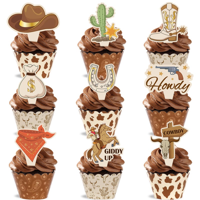 Oitnlaughter 72 PCS Western Cupcake Liners and Toppers Cowboy Cake Decoration Wild West Cupcake Wrappers Rodeo Cake Topper for Wild West Western Theme Birthday Supplies - Image 3