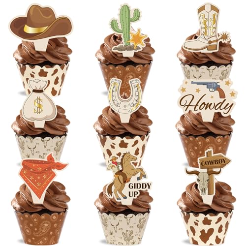 Oitnlaughter 72 PCS Western Cupcake Liners and Toppers Cowboy Cake Decoration Wild West Cupcake Wrappers Rodeo Cake Topper for Wild West Western Theme Birthday Supplies - Image 1