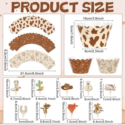 Oitnlaughter 72 PCS Western Cupcake Liners and Toppers Cowboy Cake Decoration Wild West Cupcake Wrappers Rodeo Cake Topper for Wild West Western Theme Birthday Supplies - Image 5