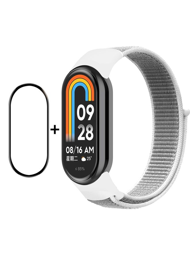 Replacement Strap For Xiaomi Mi Band 8 ENKAY Hat-Prince 2 in 1 Set Full Coverage Screen Protector + Nylon Loop Watch Band White
